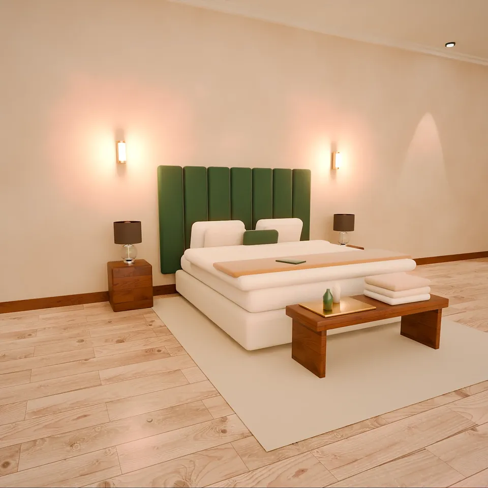 Chambre claire, tête de lit verte, parquet clair