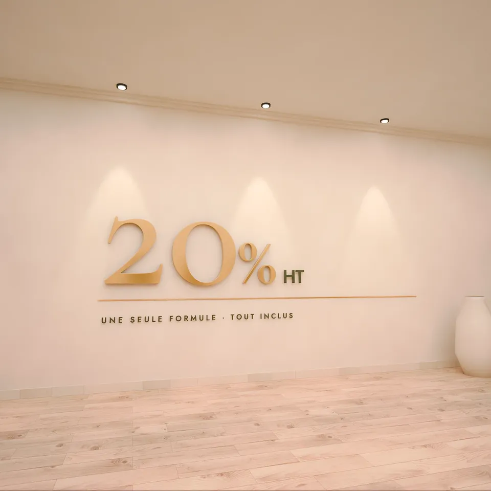 Mur clair où est inscrit 20 % HT, une seule formule, tout inclus
